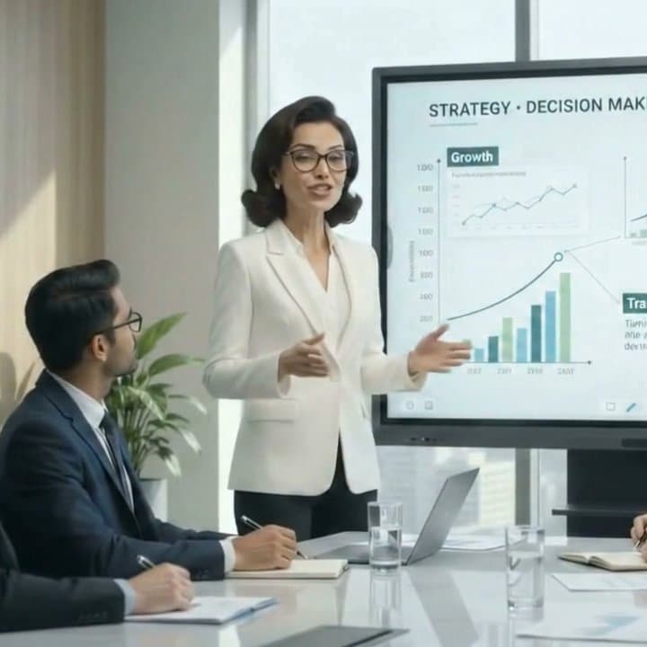 Consultant presenting a strategy review to a leadership team